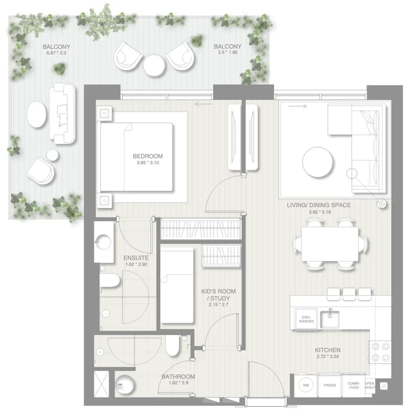 1.5 bedroom Apartments floor plan at Sol Levante