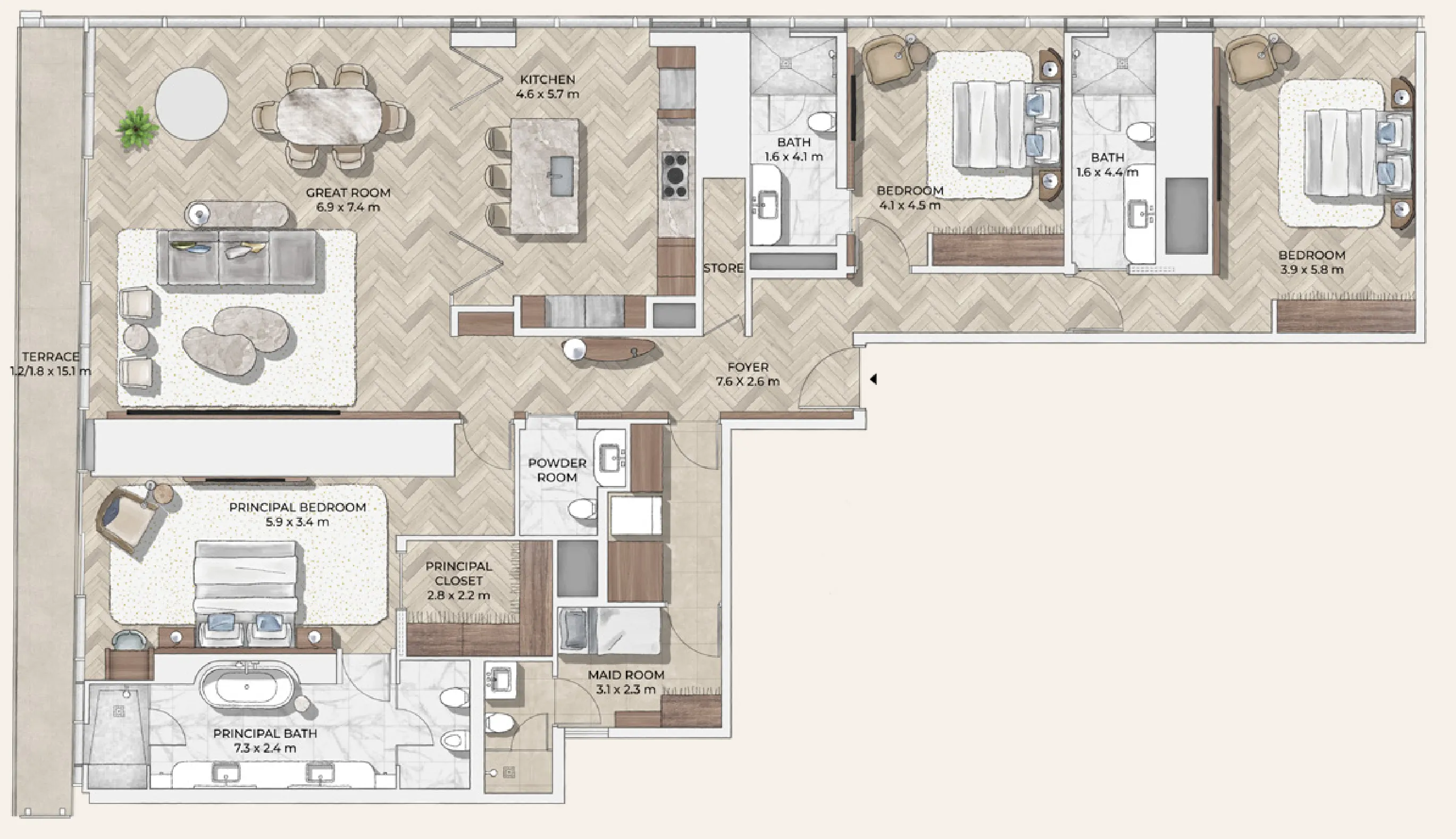 3.5 bedroom Apartments floor plan at Mr. C Residences Downtown