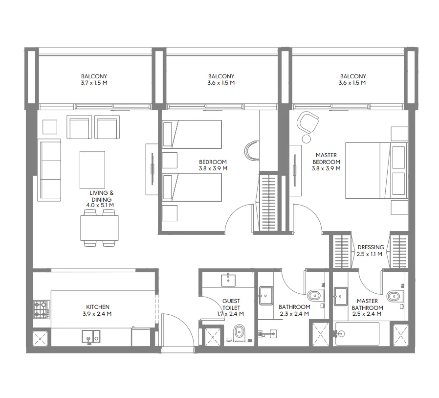 2 bedroom Apartments floor plan at Jenna 1