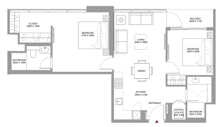 2 bedroom Apartments floor plan at Pristine Beach Residences