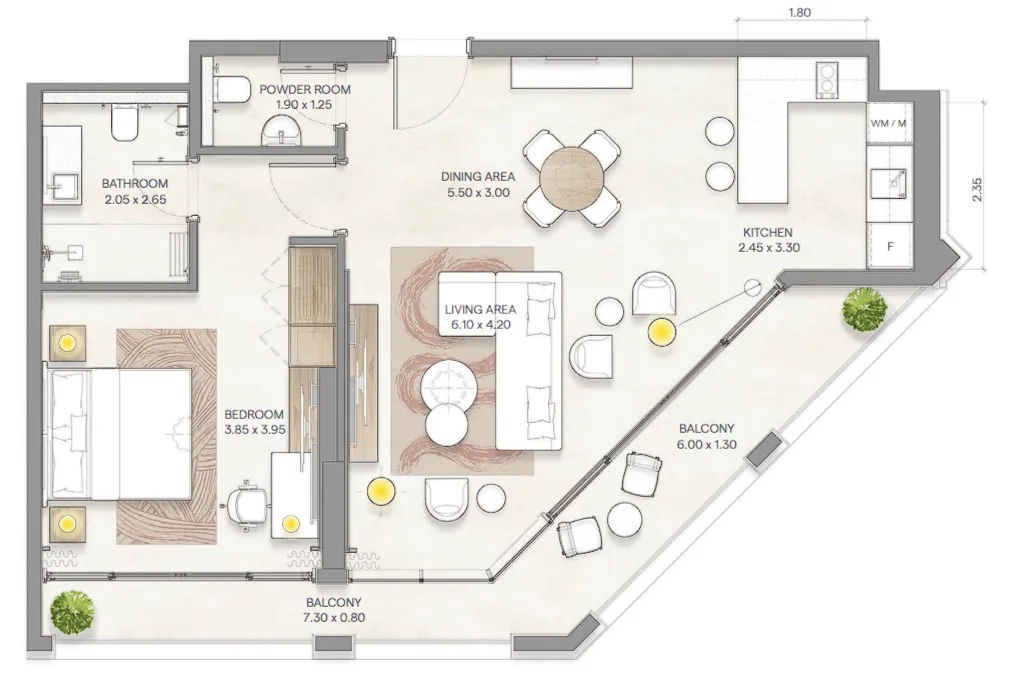 1 bedroom Apartments floor plan at Bloom Arjaan by Rotana