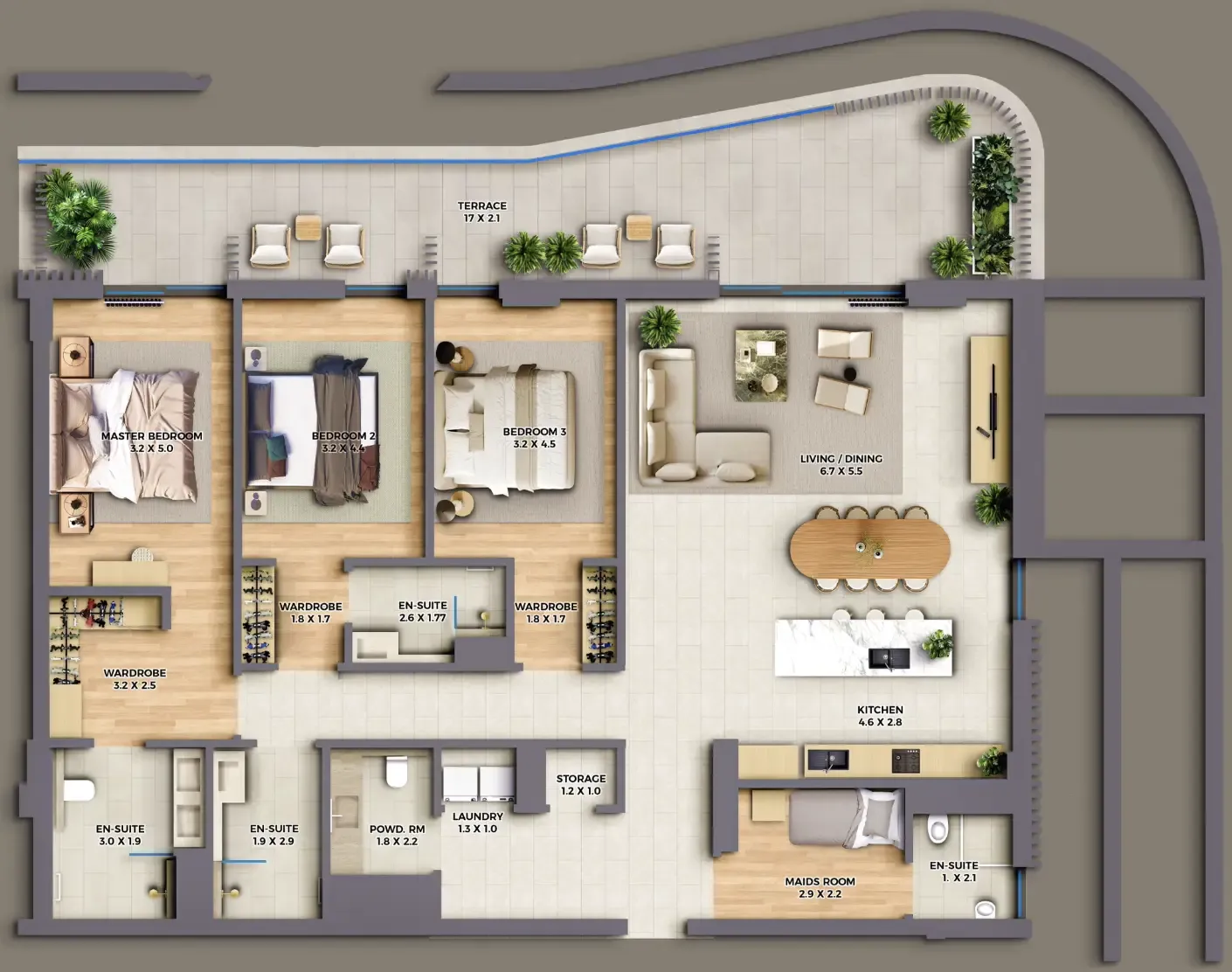 3 bedroom Apartments floor plan at The Cape