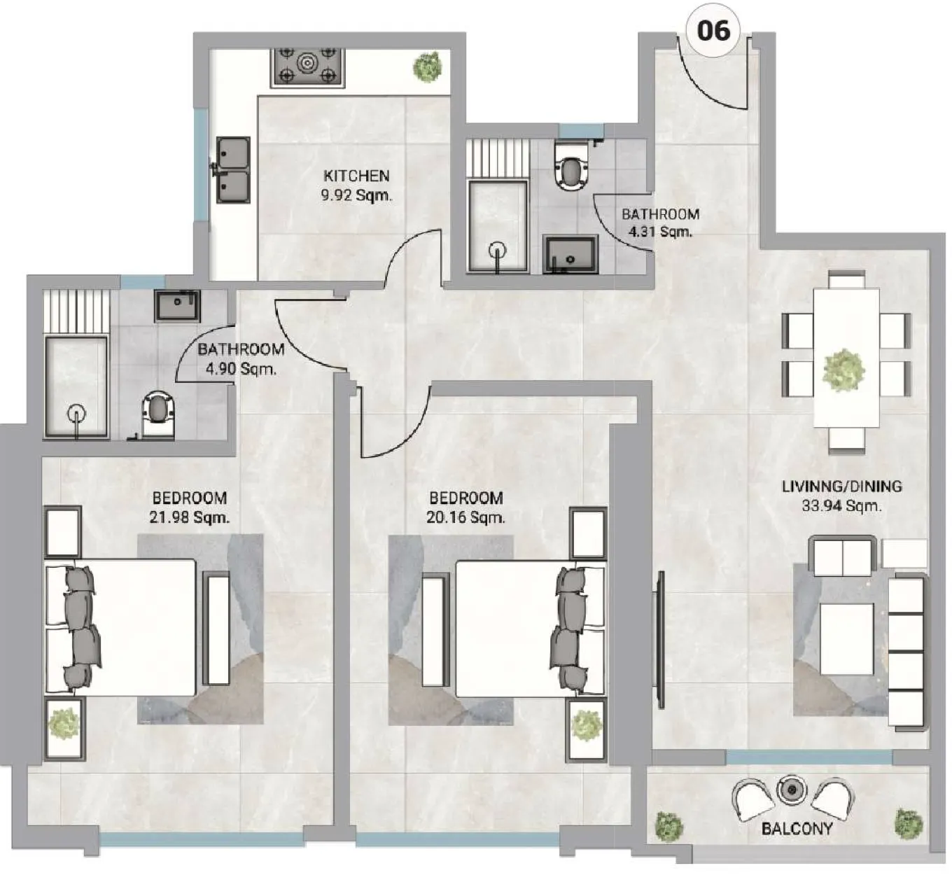 2 bedroom Apartments floor plan at Barajeel Towers