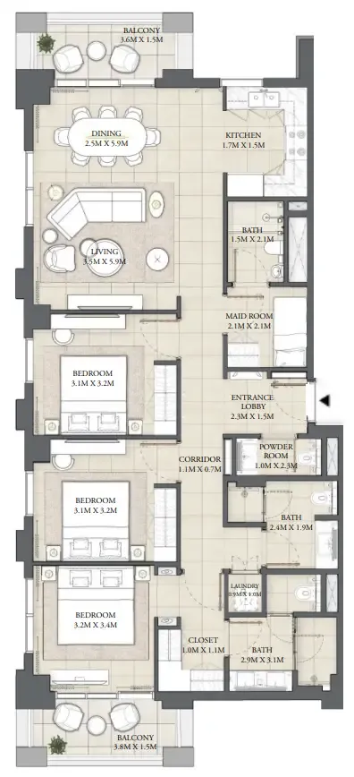 3 bedroom Apartments floor plan at Cedar
