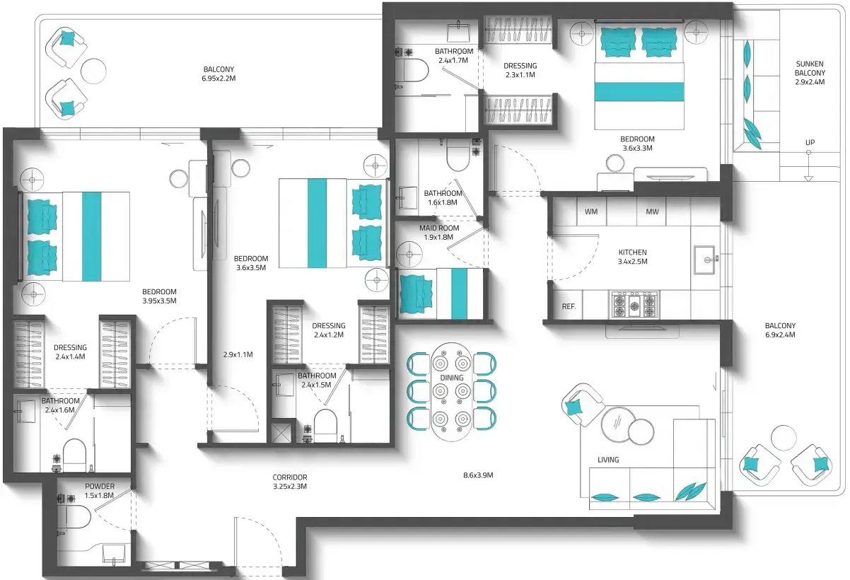 3 bedroom Apartments floor plan at Reef 996