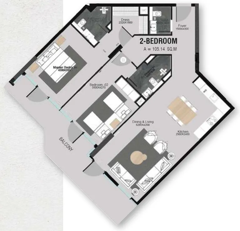 2 bedroom Apartments floor plan at Cresswell Plaza