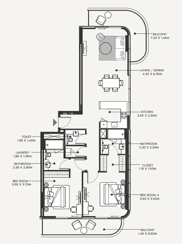 2 bedroom Apartments floor plan at Azizi Amir