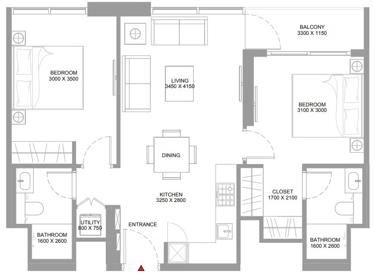 2 bedroom Apartments floor plan at Pristine Beach Residences
