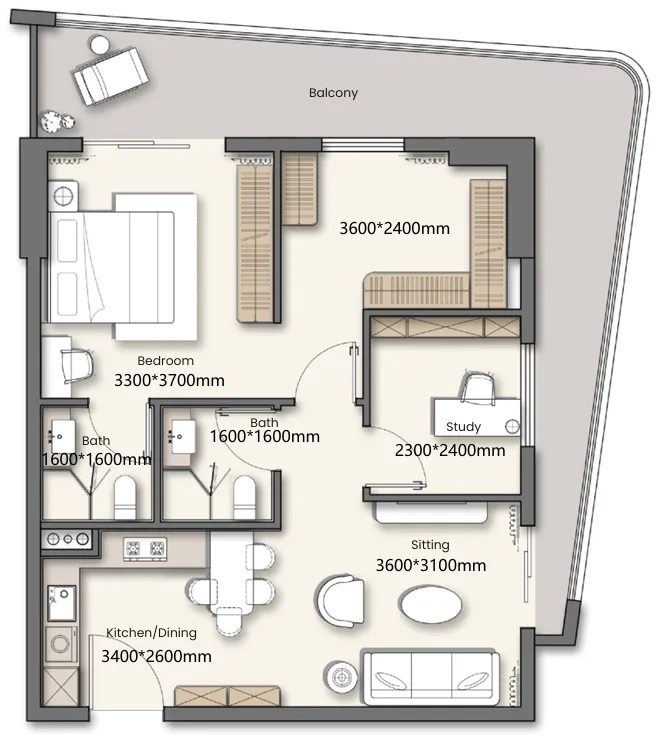 1.5 bedroom Apartments floor plan at Yigo 26