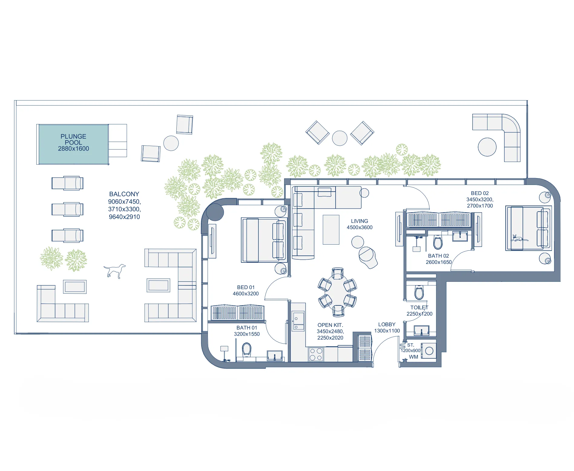 2 bedroom Apartments floor plan at Le Chateau Pietrus