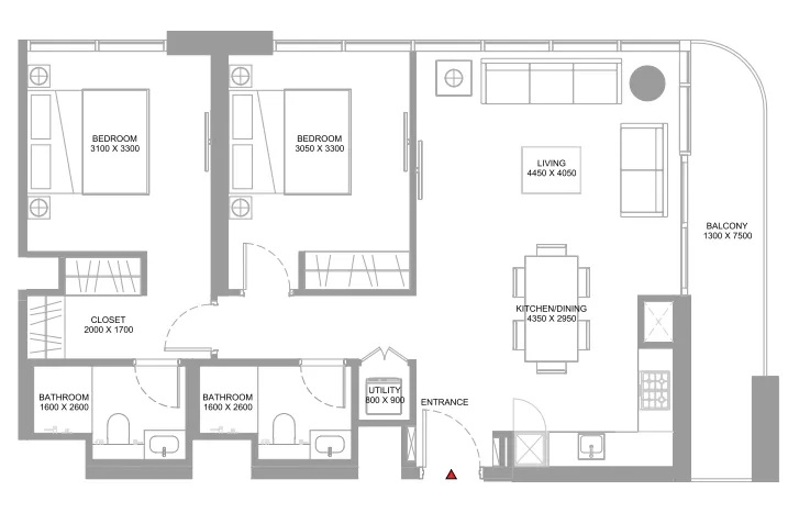 2 bedroom Apartments floor plan at Coastline Beach Residences