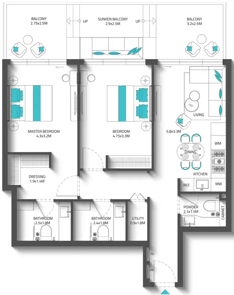 2 bedroom Apartments floor plan at Reef 996
