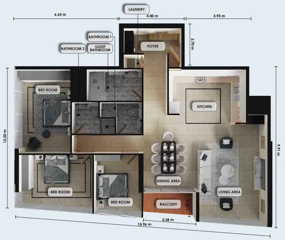3 bedroom Apartments floor plan at Zenith J1