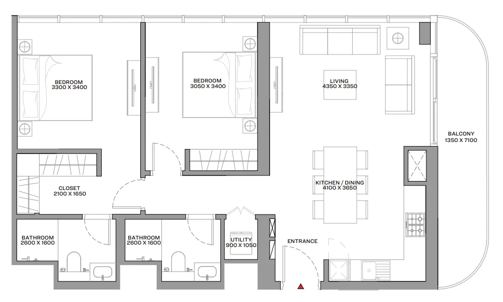 2 bedroom Apartments floor plan at Beach Residences at Siniya Island