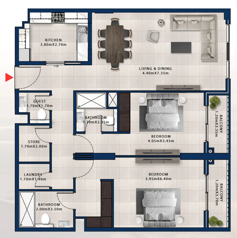 2 bedroom Apartments floor plan at Asayel Avenue