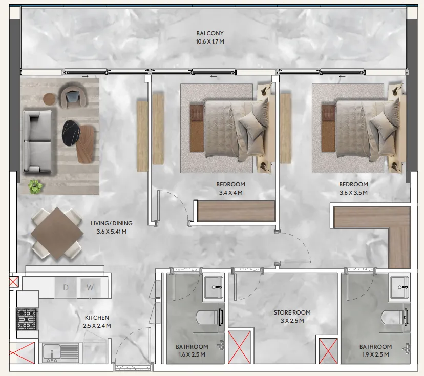 2 bedroom Apartments floor plan at California Residences