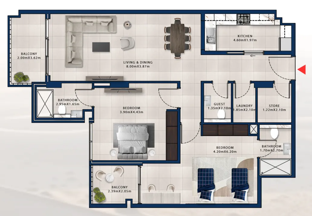 2 bedroom Apartments floor plan at Asayel Avenue