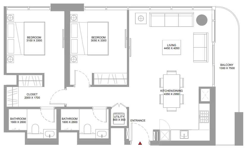 2 bedroom Apartments floor plan at Pristine Beach Residences