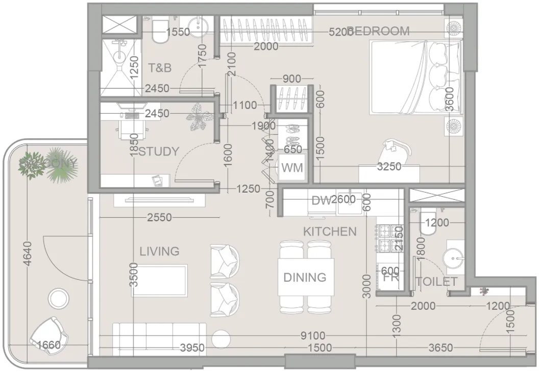 1.5 bedroom Apartments floor plan at TETR1S Tower