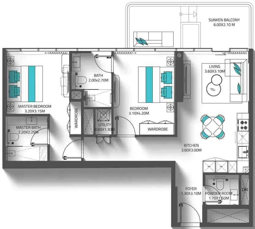 2 bedroom Apartments floor plan at Reef 998