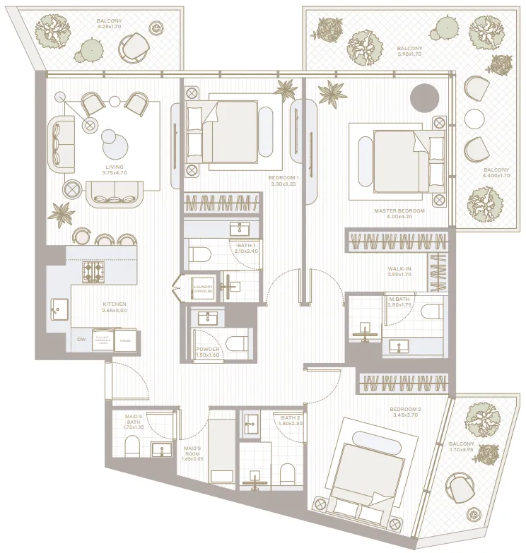3 bedroom Apartments floor plan at Park Five