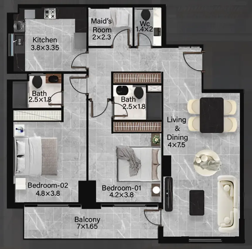 2.5 bedroom Apartments floor plan at Rose Gardens 2