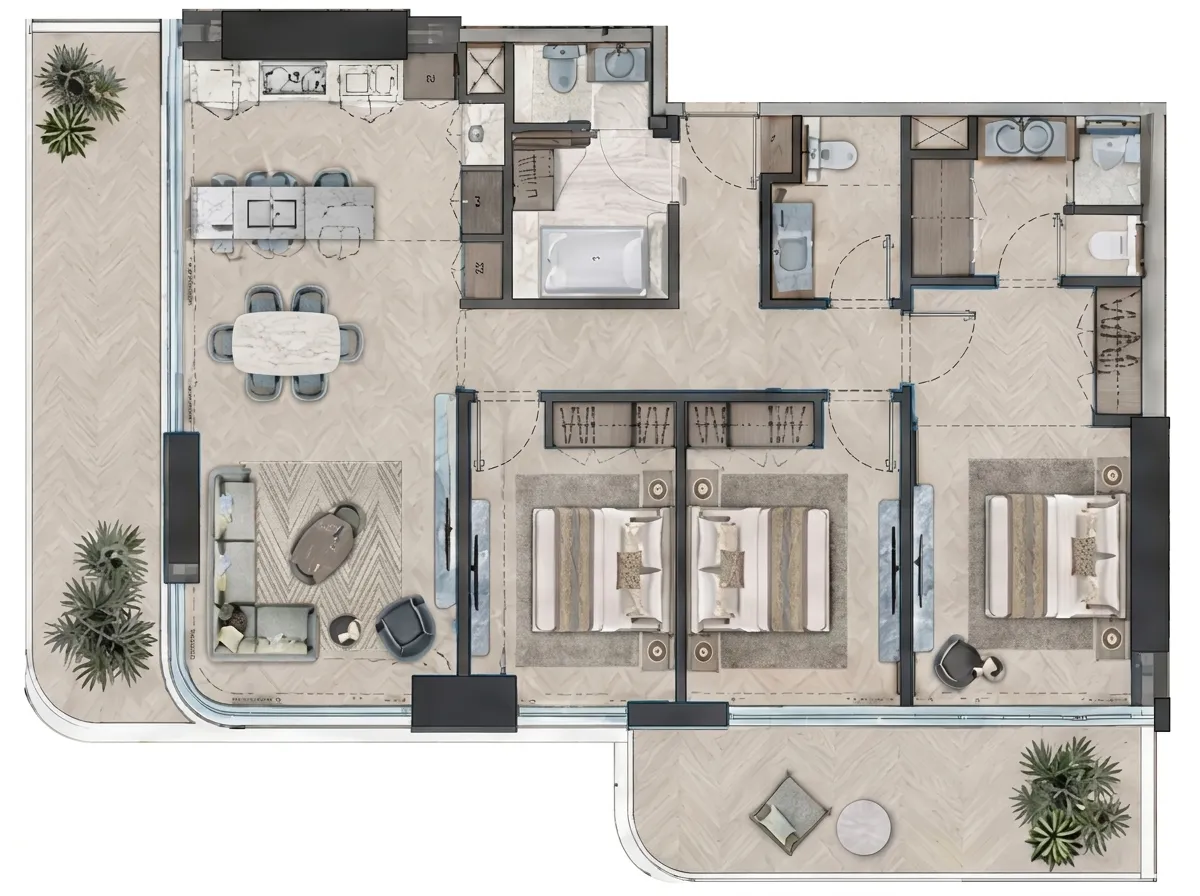 3 bedroom Apartments floor plan at The Bay Interiors by Missoni