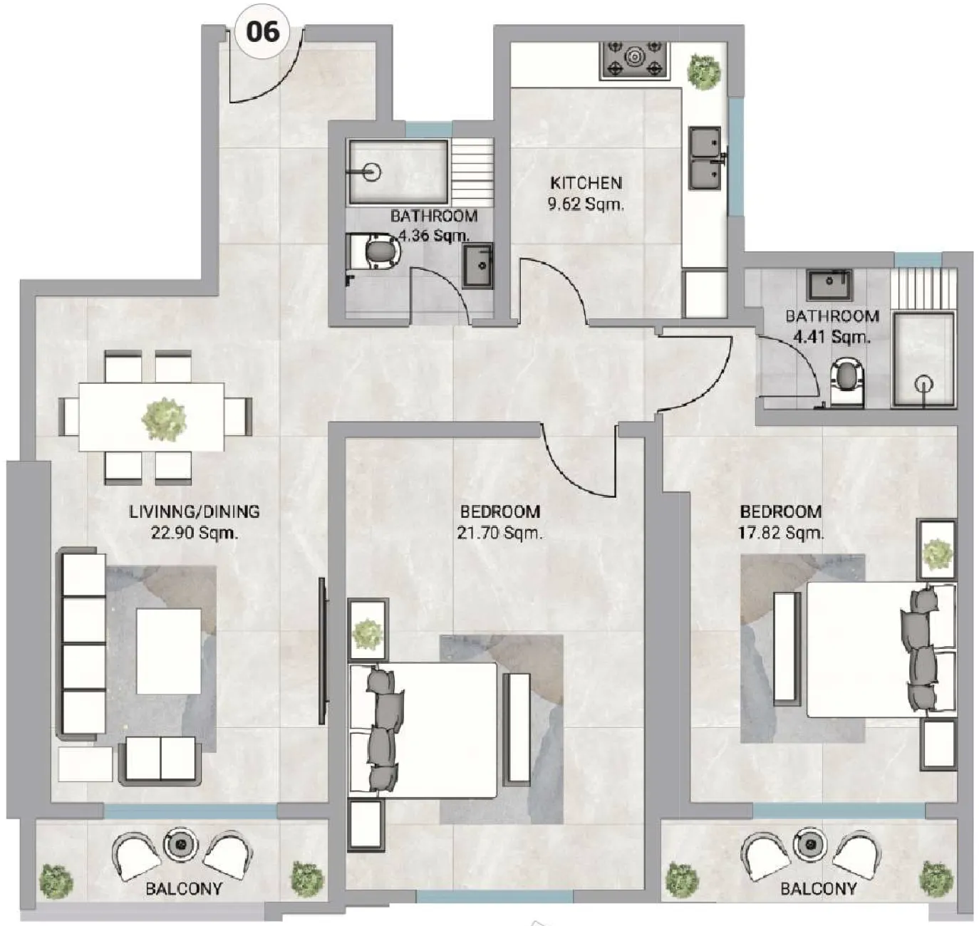 2 bedroom Apartments floor plan at Barajeel Towers