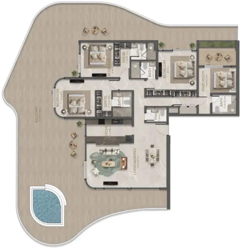 3 bedroom Penthouse floor plan at La Perla by BNW Developments