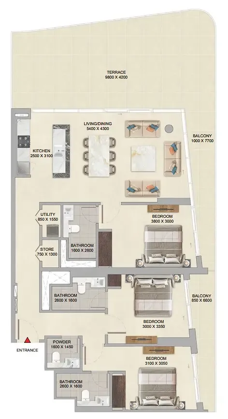 3 bedroom Apartments floor plan at River Cove Residences at Sobha City