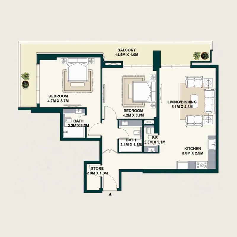 2 bedroom Apartments floor plan at Exotica by Al Marina