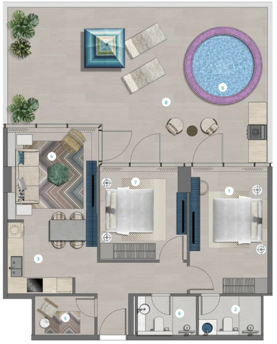 2.5 bedroom Apartments floor plan at Trio Isle