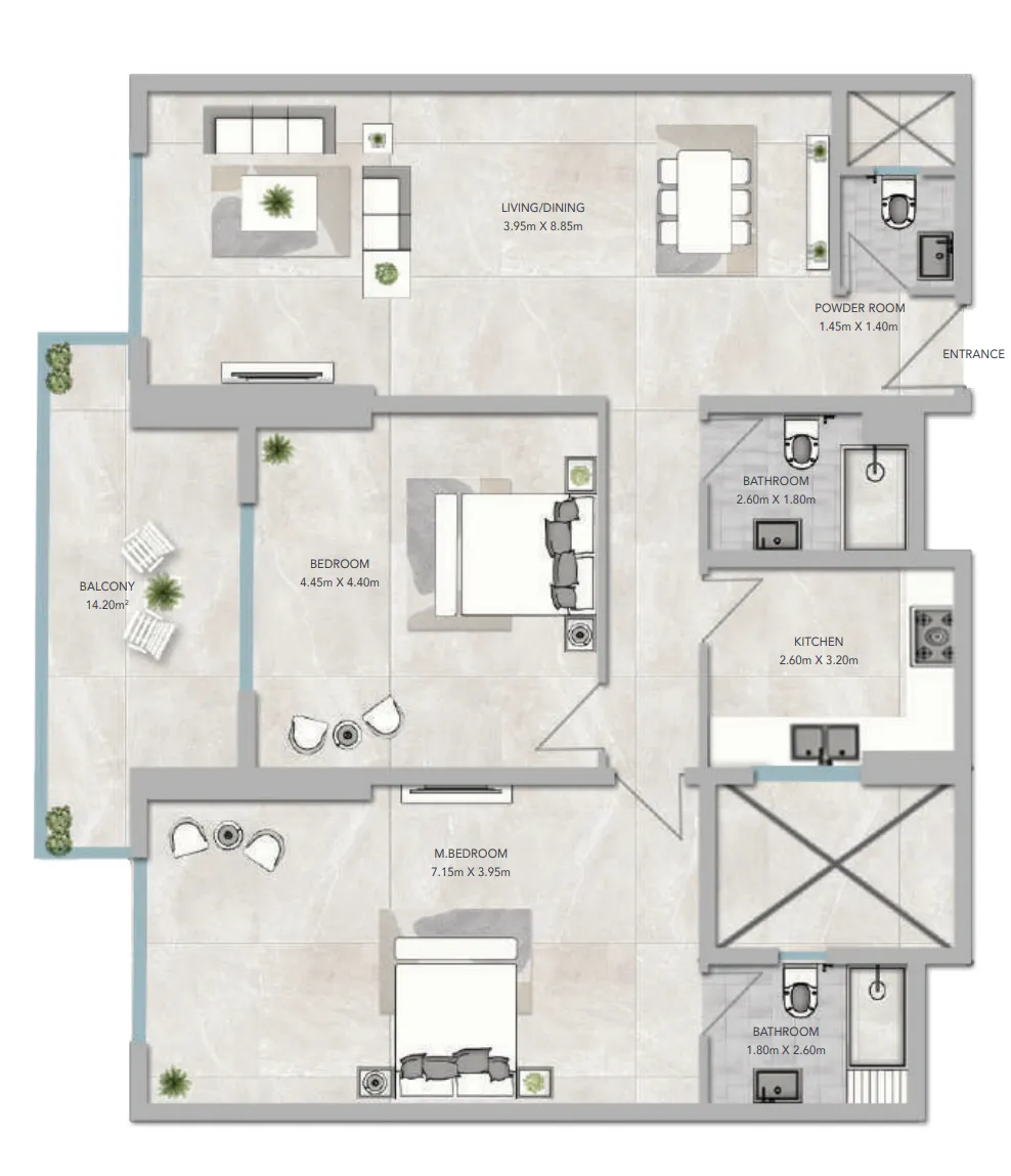 2 bedroom apartments floor plan at Al Aamra 3 Tower