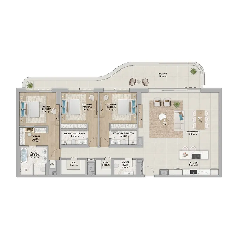 3 bedroom Apartments floor plan at Fahid Beach Terraces
