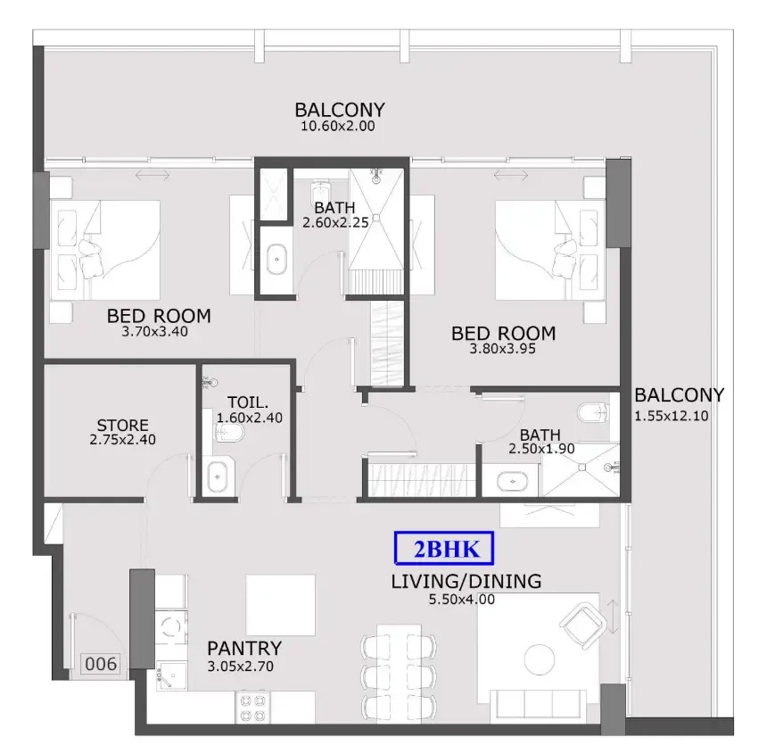 2 bedroom Apartments floor plan at Azra Residence