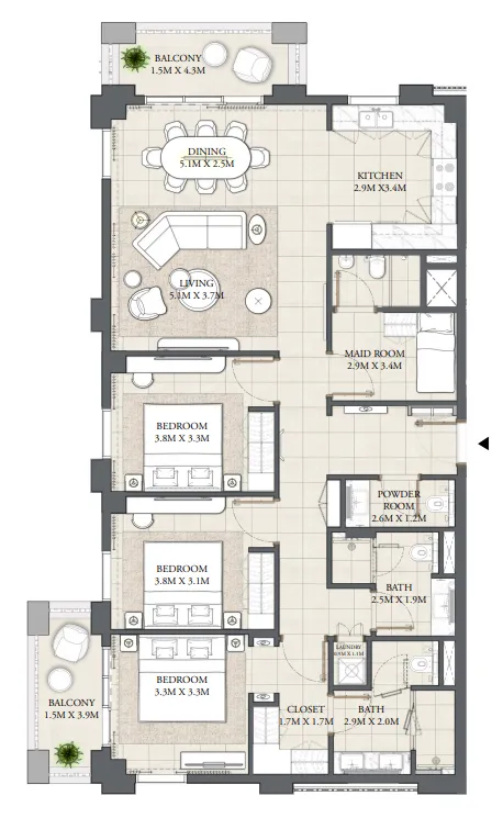 3 bedroom Apartments floor plan at Palace Residences Creek Blue
