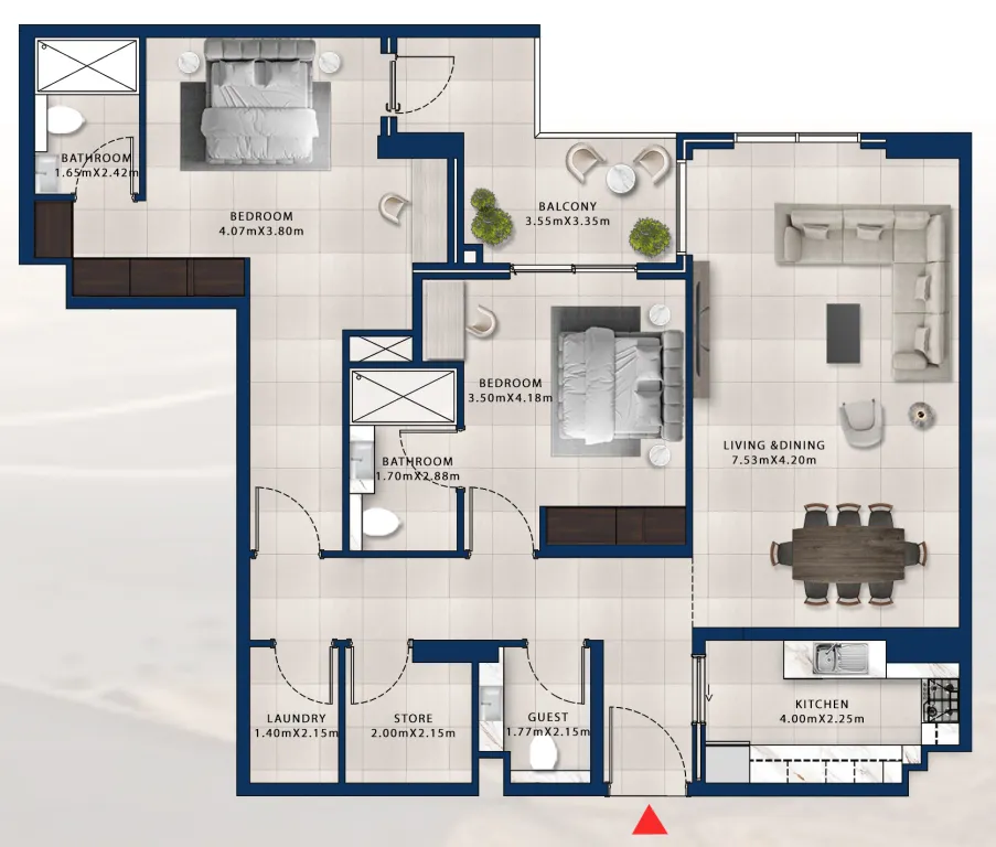 2 bedroom Apartments floor plan at Asayel Avenue
