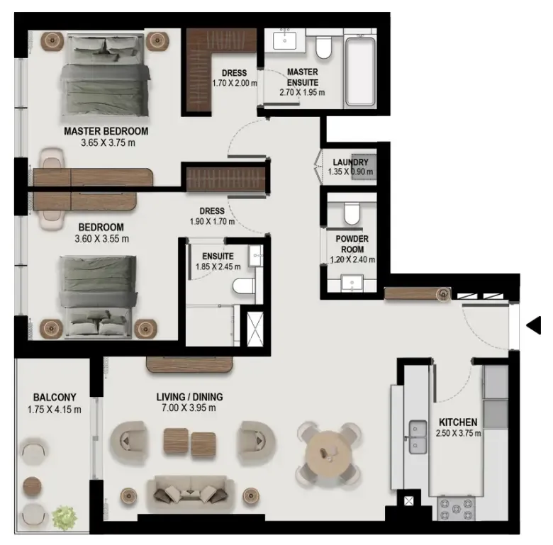 2 bedroom Apartments floor plan at Boulevard Park at Wasl Gate