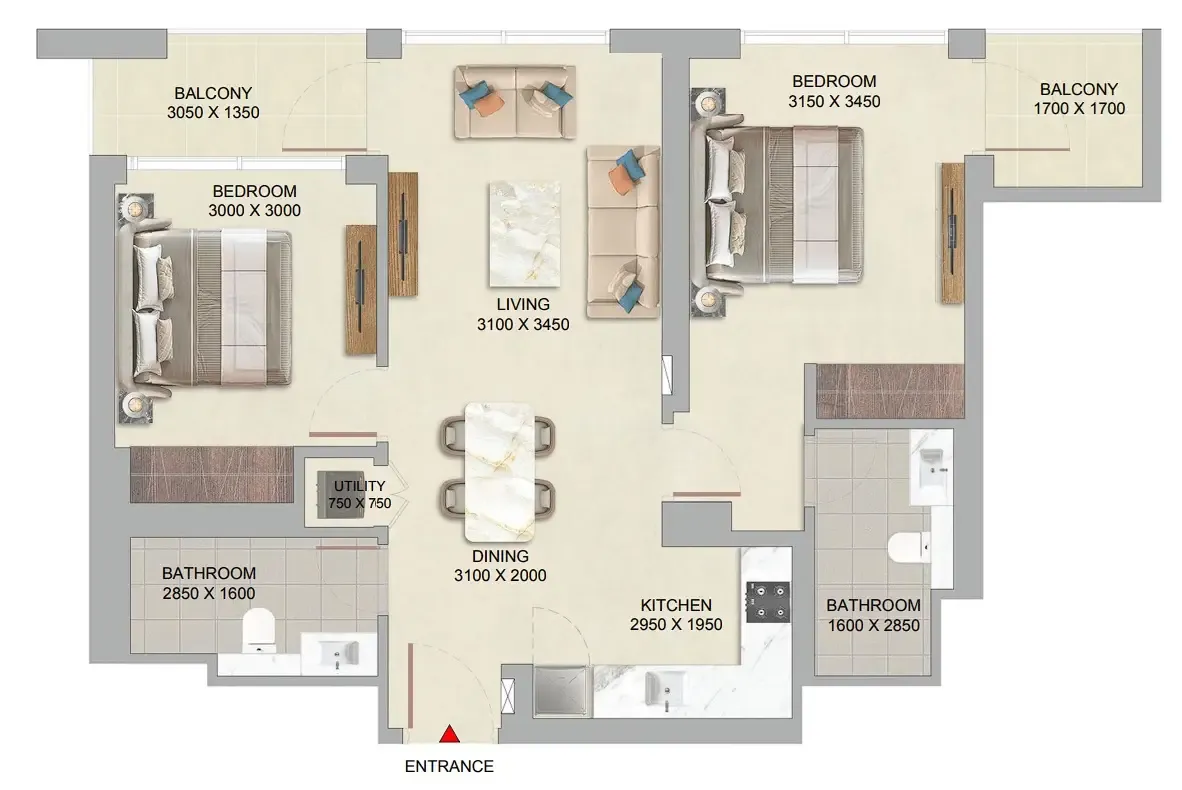 2 bedroom Apartments floor plan at The Woods at Sobha Sanctuary