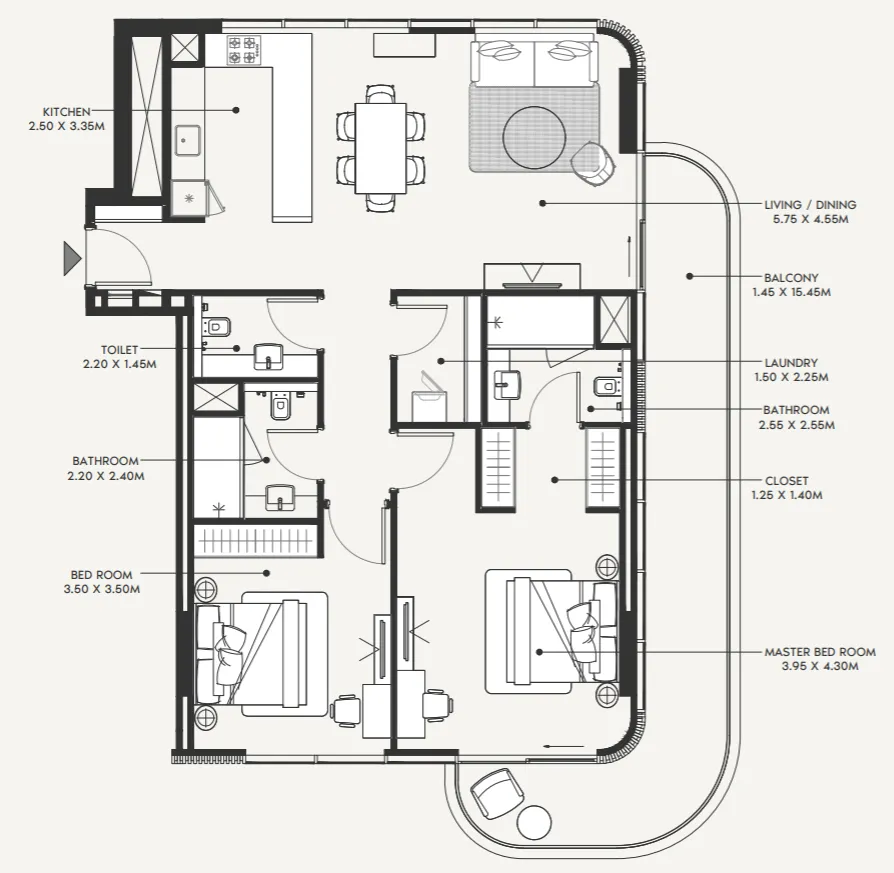 2 bedroom Apartments floor plan at Azizi Amir