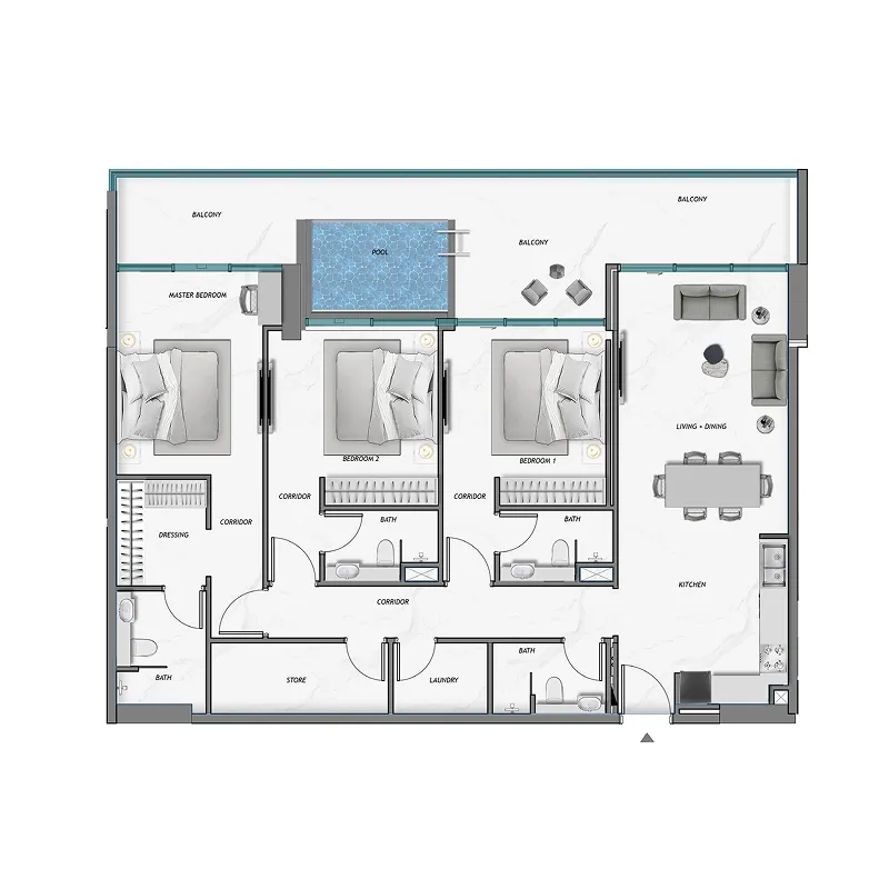 3 bedroom Apartments floor plan at Ocean Crest