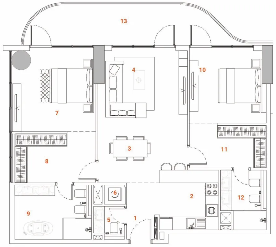 2 bedroom apartments floor plan at The Orchard Place Tower C