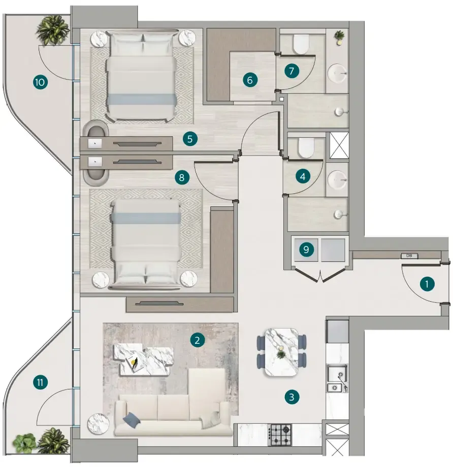 2 bedroom Apartments floor plan at Flora Shore Beachside Residences
