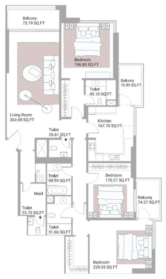 3 bedroom Apartments floor plan at Ajman Creek Towers