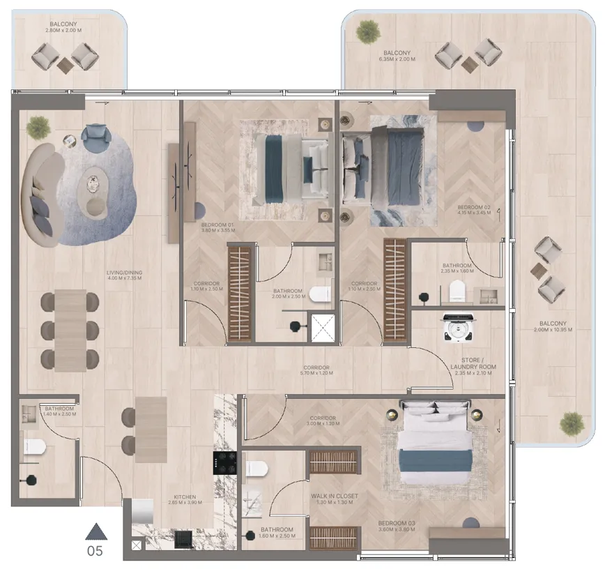 3 bedroom Apartments floor plan at Meriden Beach Residences