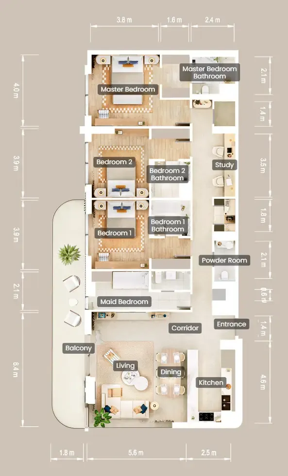 3.5 bedroom Apartments floor plan at The Beach House Fahid