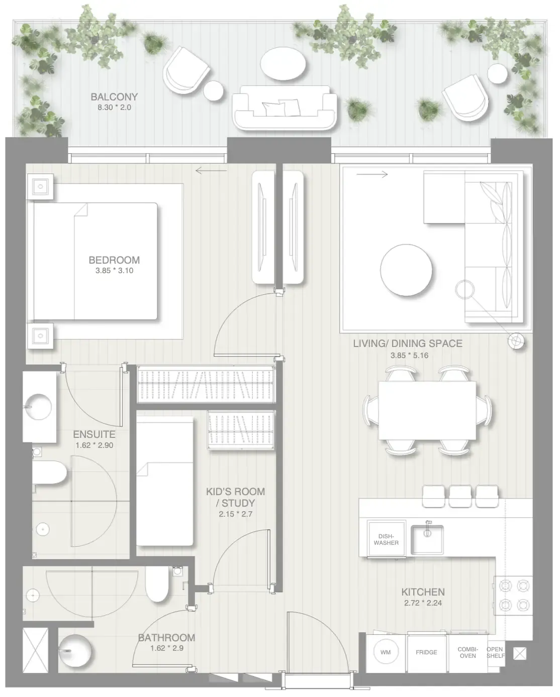 1.5 bedroom Apartments floor plan at Sol Levante