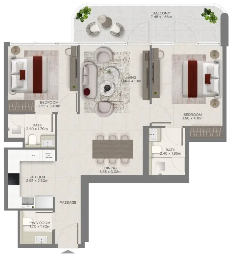 2 bedroom Apartments floor plan at Ramada Residences by Wyndham at Dubai Islands