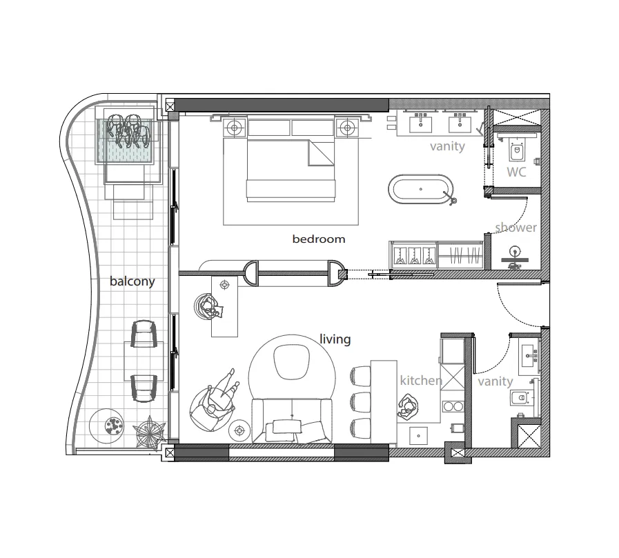 1 bedroom apartments floor plan at NH Collection Ras Al Khaimah Al Marjan Island Hotel & Apartments