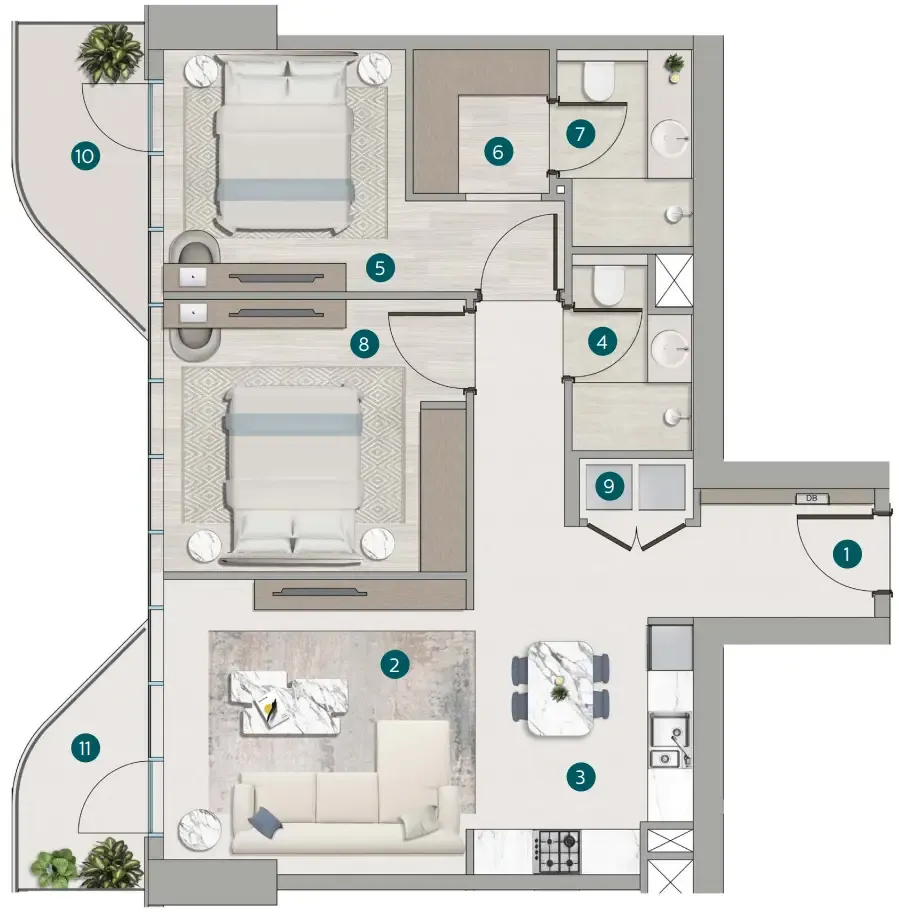 2 bedroom Apartments floor plan at Flora Shore Beachside Residences